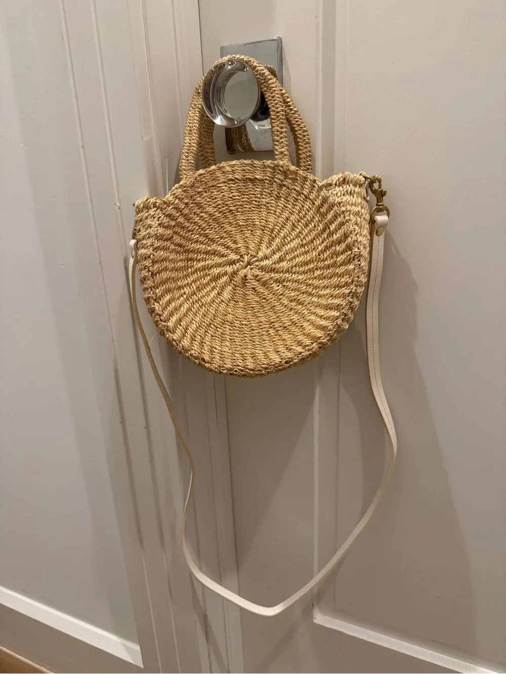 Clare V. Petite Alice Straw Round Crossbody Bag with White Strap - Picture 1 of 4